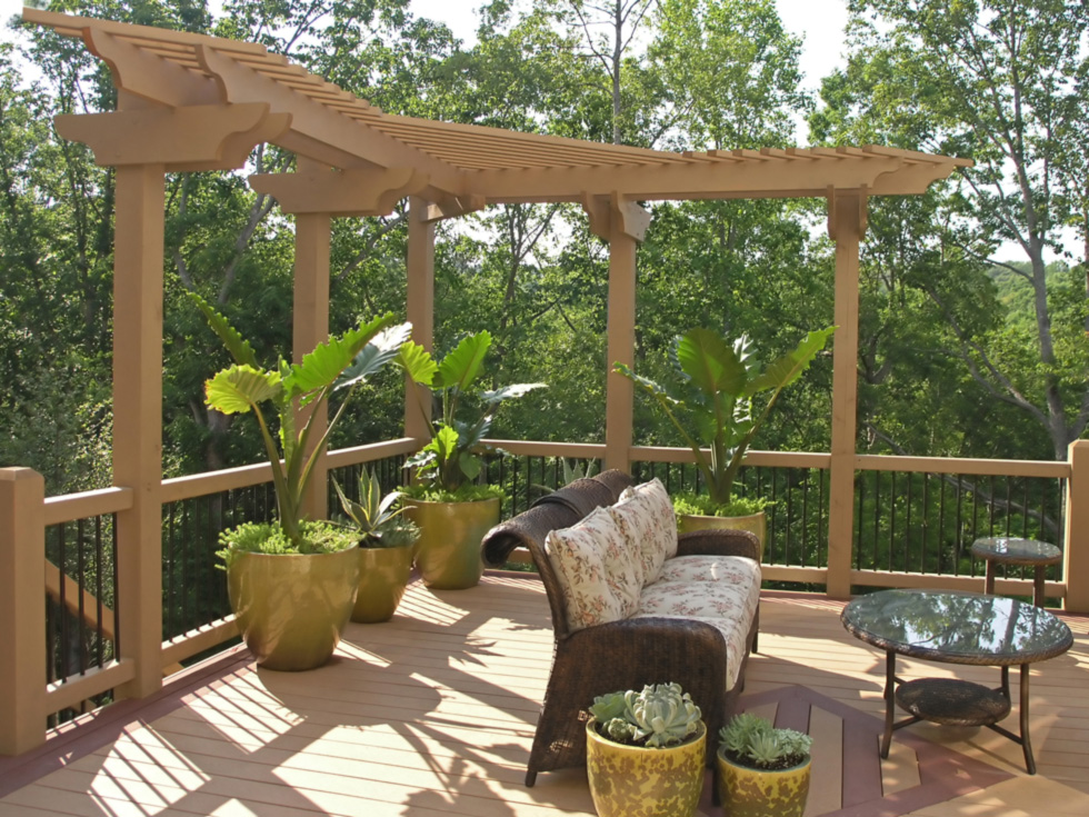 A stylized pergola and deck.